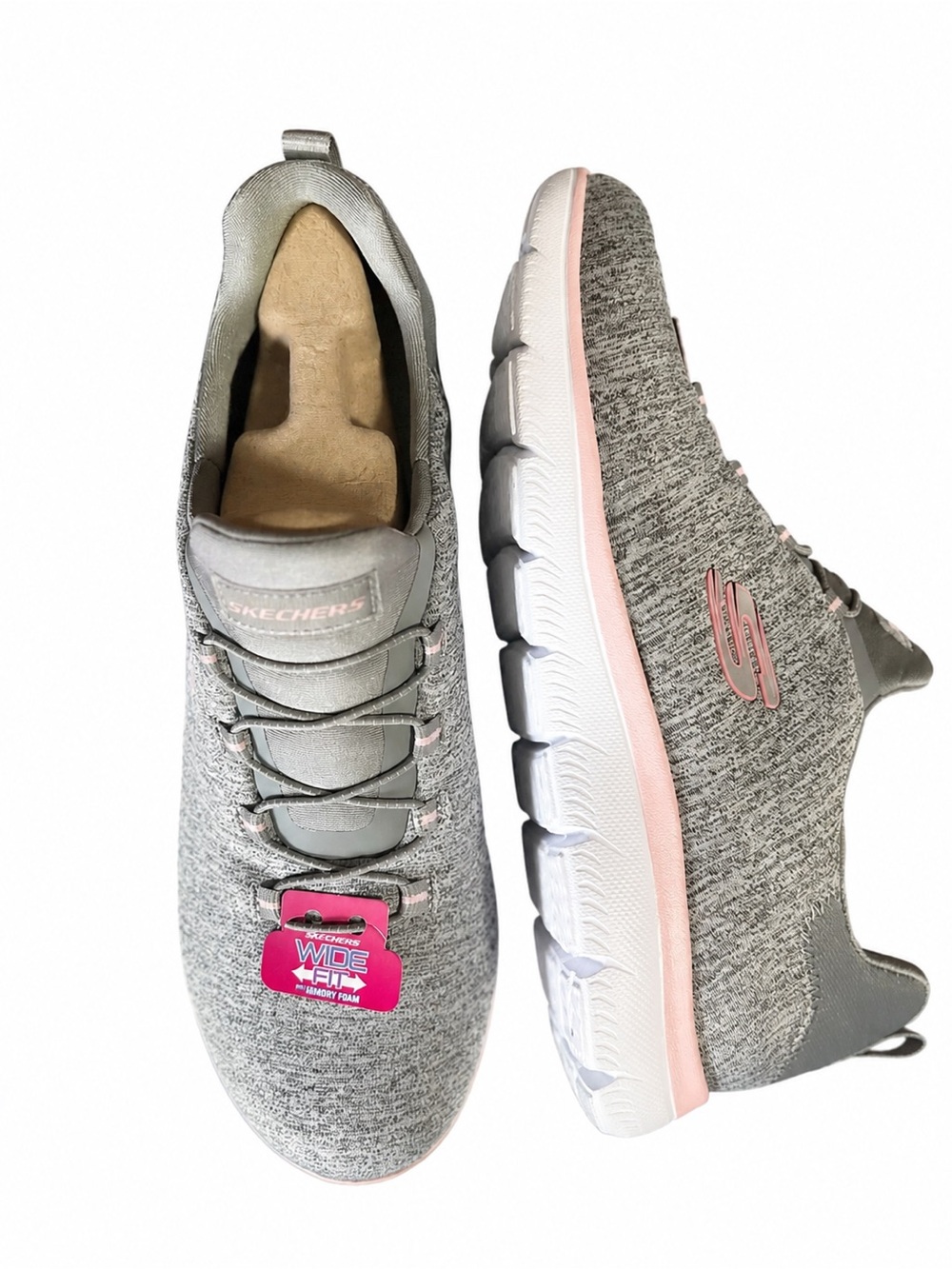 NWT Sketchers Slip-Ins Comfort Walking Sneakers Vegan Gray Coral Pink 9 Wide